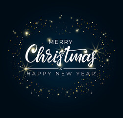 Merry Christmas and Happy New Year 2022. Greeting card with hand drawn lettering and gold glittering round on blue background. For holiday invitations, banner, poster. Vector illustration.