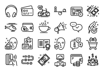 Vector set of Buying accessory, Survey progress and Bitcoin line icons set. Calendar report, Money wallet and Credit card tag. Coffee cup, Work home and Megaphone icons. Vector