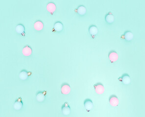 Christmas pattern. New Year decorations on blue background. Christmas decorations.  Flat lay, top view.