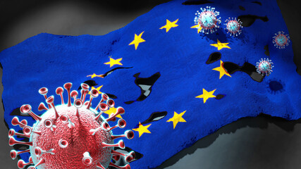 Covid in EU Europe - coronavirus attacking a national flag of EU Europe as a symbol of a fight and struggle with the virus pandemic in this country, 3d illustration