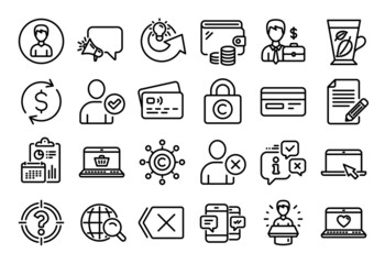 Vector set of Megaphone, Remove and Web love line icons set. Calendar report, Money wallet and Credit card tag. Mint leaves, Article and Dollar exchange icons. Vector