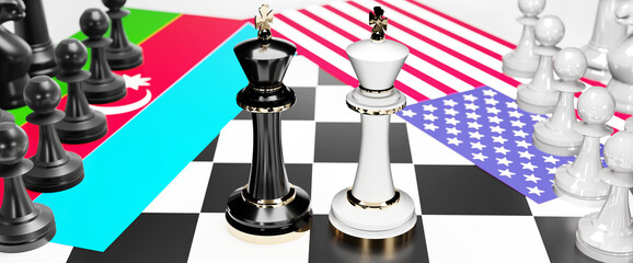 Azerbaijan and USA conflict, clash, crisis and debate between those two countries that aims at a trade deal and dominance symbolized by a chess game with national flags, 3d illustration