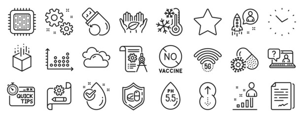 Set of Science icons, such as No vaccine, Swipe up, Cpu processor icons. Work, Star, Flash memory signs. Augmented reality, Ph neutral, Coronavirus pills. Freezing, Faq, Medical tablet. Vector