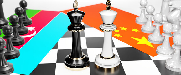 Azerbaijan and China conflict, clash, crisis and debate between those two countries that aims at a trade deal and dominance symbolized by a chess game with national flags, 3d illustration