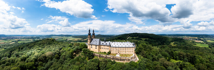 Aerial view of Banz Monastery, former Benedictine monastery, South German Baroque, near Bad Staffelstein, Lichtenfels district, Franconian 
, Franconia, Bavaria, Germany, - obrazy, fototapety, plakaty