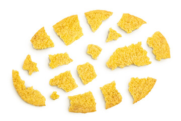 Potato chips isolated on white background with clipping path and full depth of field. Top view. Flat lay.