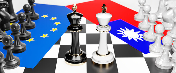 EU Europe and Taiwan conflict, clash, crisis and debate between those two countries that aims at a trade deal and dominance symbolized by a chess game with national flags, 3d illustration