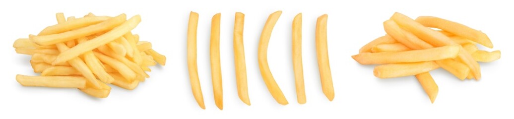 French fries or fried potatoes isolated on white background. Set or collection