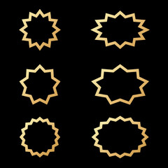 golden metallic starburst frame set with different shape isolated on black background for luxury graphic design decoration 