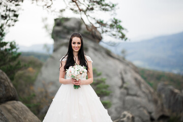 Fototapeta na wymiar Beauty woman, bride with perfect white dress background mountains
