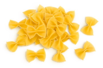 Bow tie pasta isolated on white background with clipping path and full depth of field. Top view. Flat lay.