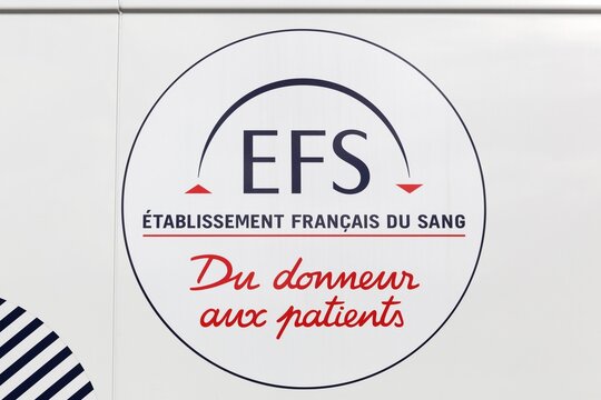 Macon, France - March 9, 2020: EFS, &eacute;tablissement francais du sang sign on a wall in France. EFS guarantees national self-sufficiency in blood products 