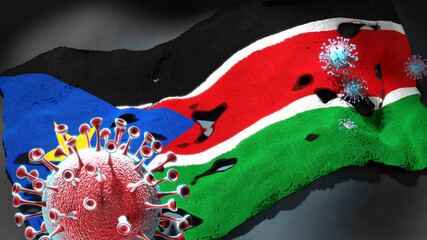 Covid in South Sudan - coronavirus attacking a national flag of South Sudan as a symbol of a fight and struggle with the virus pandemic in this country, 3d illustration