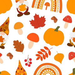 Seamless pattern fall gnomes rainbow vector illustration. Thanksgiving Gnomes