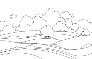 Fototapeta premium Line art, drawing of summer green fields with grass,trees, cloud and sky . background landscape.illustration vector.