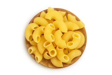 raw macaroni pasta in wooden bowl isolated on white background with clipping path and full depth of field. Top view. Flat lay