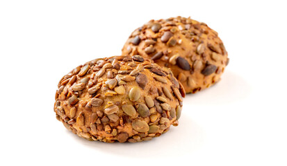 Round rye bread with seeds isolated on white background. Rye buns with sunflower and pumpkin seeds.