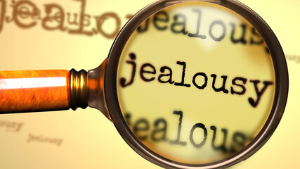 Jealousy and a magnifying glass on English word Jealousy to symbolize studying, examining or searching for an explanation and answers related to a concept of Jealousy, 3d illustration