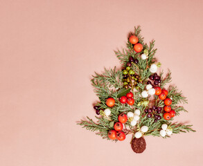 Christmas composition. Fir tree branches, christmas decorations. Christmas, winter, new year concept. Flat lay, top view, copy space.