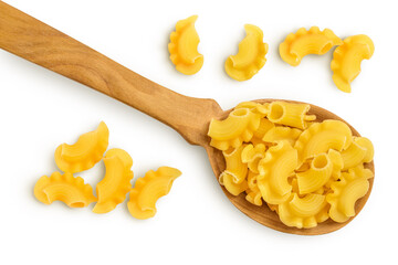 Pasta cornetti creste macaroni isolated on white background with clipping path and full depth of field. Top view. Flat lay