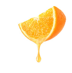 Fresh Orange juice dripping isolated on white background.
