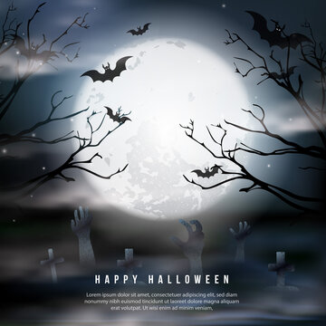 Happy halloween full moon night graveyard background image