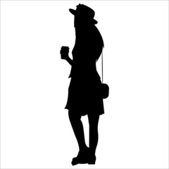 Black silhouette of a girl with a coffee. Vector illustration.