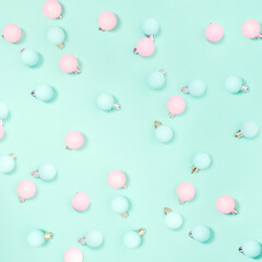 Christmas pattern. New Year decorations on blue background. Christmas decorations.  Flat lay, top view.