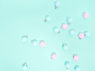 Christmas pattern. New Year decorations on blue background. Christmas decorations.  Flat lay, top view.