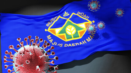 Covid in Maran Pahang - coronavirus attacking a city flag of Maran Pahang as a symbol of a fight and struggle with the virus pandemic in this city, 3d illustration