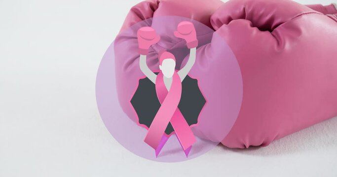 Animation of fighting woman over pink boxing gloves