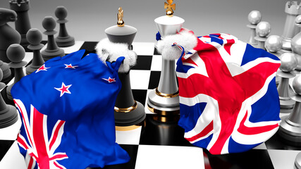 Fototapeta premium New Zealand UK England crisis, clash, conflict and debate between those two countries that aims at a trade deal or dominance symbolized by a chess game with national flags, 3d illustration