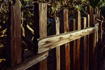 rustic handmade wood fence in coastal morning sunlight background