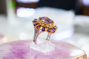 Closeup of amethyst ring . beautiful design