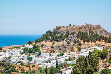 Fototapeta na wymiar View of the white town of Lindos on Rhodes, Greece