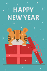 Doodle tiger appearing from the gift box. Happy new year concept.Winter holidays.