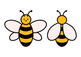 Cute set of bees vector illustration in doodle style. Colorful collection of bumblebees kids drawing for icon and logo design in yellow and black colors isolated on white background
