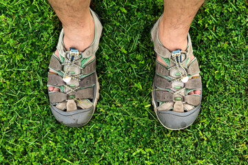 Hiker on a grass with first person perspective view