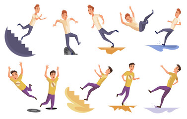 Set of falling man. Falling down people because of stumbling, slipping, accident, injury. Young men dangerous accidents. Bad luck, misfortune, fiasco. Business failure, company crash concept