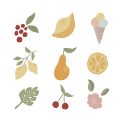 Cute vector fruits and berries, boho nursery clipart. Hand drawn doodle illustration.