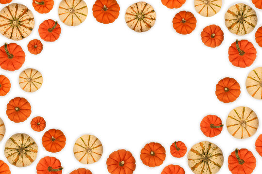 Pumpking wreath top view with copy space on a white background. Concept of fall, thanksgiving day, halloween,  greeting card mock up