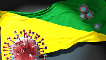 Covid in Ica - coronavirus attacking a city flag of Ica as a symbol of a fight and struggle with the virus pandemic in this city, 3d illustration