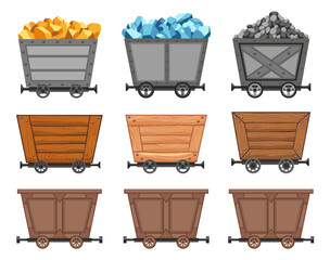 Collection of metal and wooden mine carts loaded with gold, crystals and stones or coal. Cartoon mine trolleys.  design illustration isolated on white background © designer_things