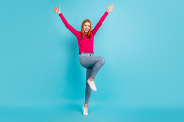Obraz premium Full body photo of young sweet foxy head lady dance wear pink sweater jeans isolated on blue color background