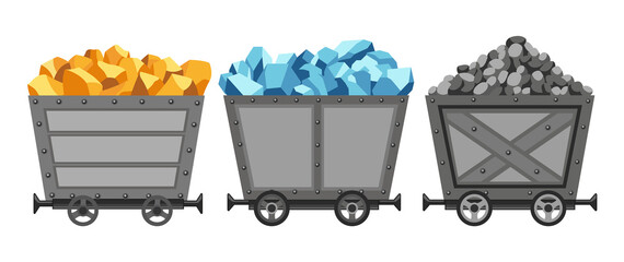 Collection of metal mine carts loaded with gold, crystals and stones or coal. Cartoon mine trolleys.  design illustration isolated on white background © designer_things