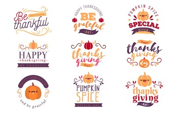 happy thanksgiving lettering badges collection vector design illustration