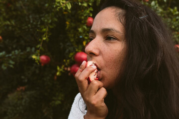 young pretty woman eating healthy ripe red pomegranates from tree in garden. concept of healthy autumn and winter lifestyle and diet, outdoors with nature