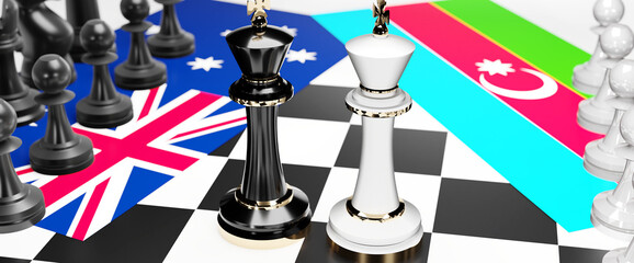 Australia and Azerbaijan conflict, clash, crisis and debate between those two countries that aims at a trade deal and dominance symbolized by a chess game with national flags, 3d illustration