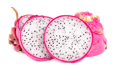 Dragon fruit isolated on white background. Slice of fresh Pitaya or Pitahaya fruit with clipping...