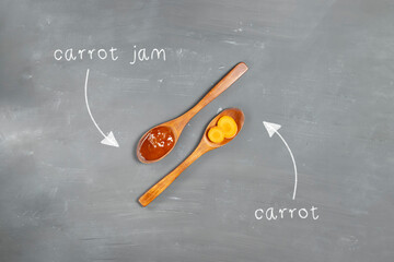 Eco friendly wooden spoons with round slices of juicy carrots and carrot jam with meom signatures on a gray board top view
